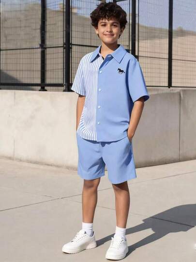 Vacaura Set de 2 piezas: Camisa de polo de manga corta con rayas y parches para adolescentes varones + Pantalones cortos casuales de verano