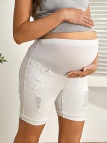 SHEIN Quần short denim bó sát màu trắng có chun dành cho bà bầu - trắng - Xem 1
