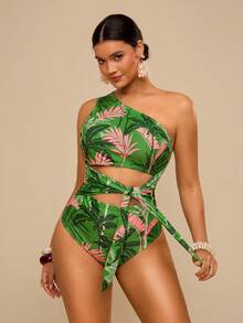 Travachic 大码热带绿色植物印花不对称露肩系带连体泳衣，度假装 - 綠色 - 查看 5