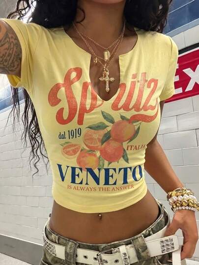 StreetHx Áo thun crop top mùa hè dành cho nữ, áo thun hở eo màu cam vàng cocktail phong cách Y2K, áo thun cổ chữ V khoét eo kiểu Ý VENETO.