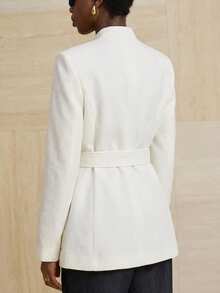 Aveloria Modichic Chaqueta utilitaria de cuello alto, tweed grueso, abotonadura sencilla con botones metálicos y cinturón decorativo - Blanco - Ver 2
