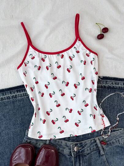 Teen Girl Cherry Pattern Fitted Slim Camisole