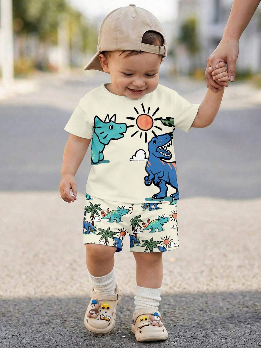 SHEIN Bộ áo thun đơn giản thường ngày cho bé trai, in hình khủng long dũng cảm dễ thương cổ điển, thích hợp cho mùa xuân và mùa hè. - Nhiều màu - Xem 1