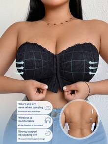 大码无钢圈蕾丝前扣文胸，性感提拉丰满，隐形后背设计 - 黑色 - 查看 3