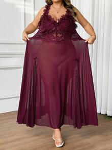 SHEIN CURVE+ Đầm dài màu trơn họa tiết hoa 3D dành cho nữ cỡ lớn, đầm đi nghỉ mát, đầm dài màu đỏ tía gợi cảm. - Màu Đỏ Sâu - Xem 3