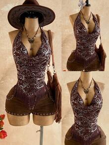 Soleia 女士性感露背垂褶领无袖亮片印花流苏下摆度假上衣，适合夏季海滩穿着 - 彩色 - 查看 1