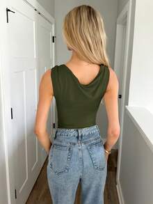 Sydney Algeri Metal Decor Ruched Bodysuit, Casual & Versatile, Spring/Autumn - Army Green - View 2
