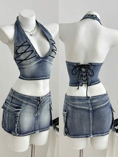 Elamini Women's Casual Denim Halter Top And Mini Skirt Set, Daily Wear