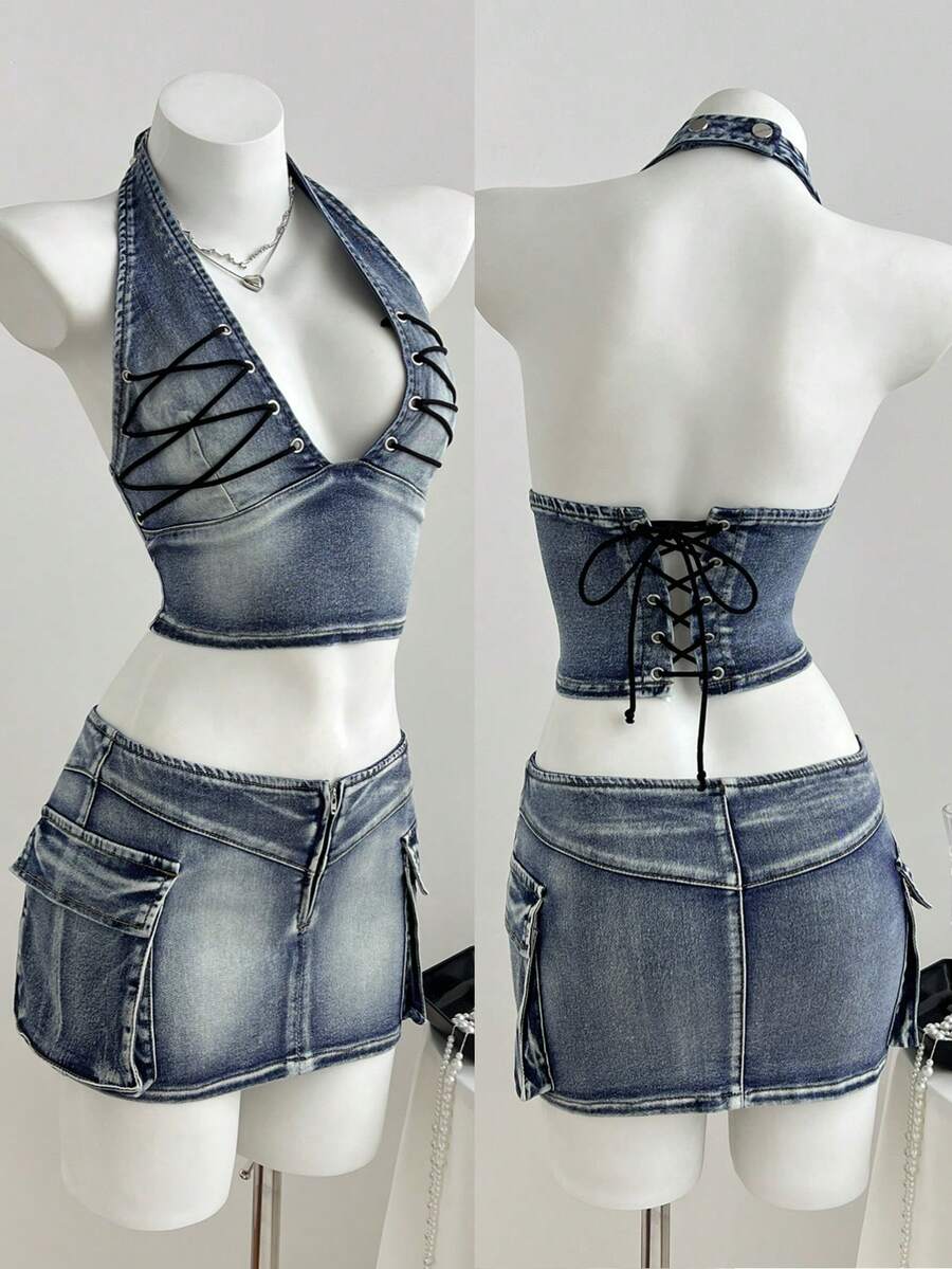 Bộ áo yếm và chân váy ngắn denim nữ kiểu dáng thường ngày, thích hợp mặc hàng ngày. - Rửa nhẹ - Xem 1
