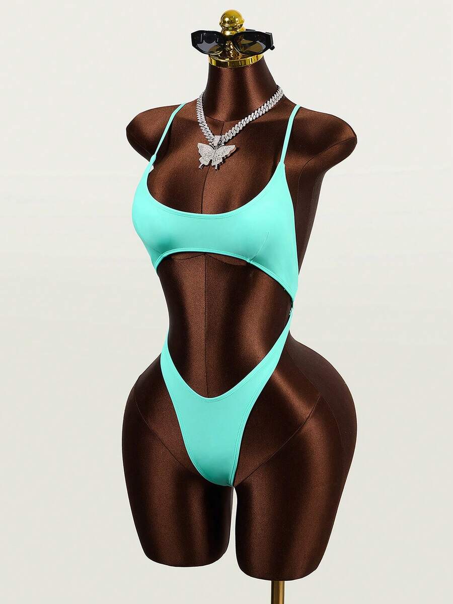 Zestiva 女士性感玫红色镂空露背细肩带巴西风连体泳衣，夏季海滩度假 - 淺藍色 - 查看 1