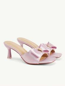 CUCCOO CHICEST Pink Satin Bow High Heels Slippers Women's Head Stiletto Sandals - Pink - View 2