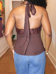 Steph T Vintage Y2K Sequin Patchwork Slim Fit Racerback Tank Top For Women - Coffee Brown - View 2