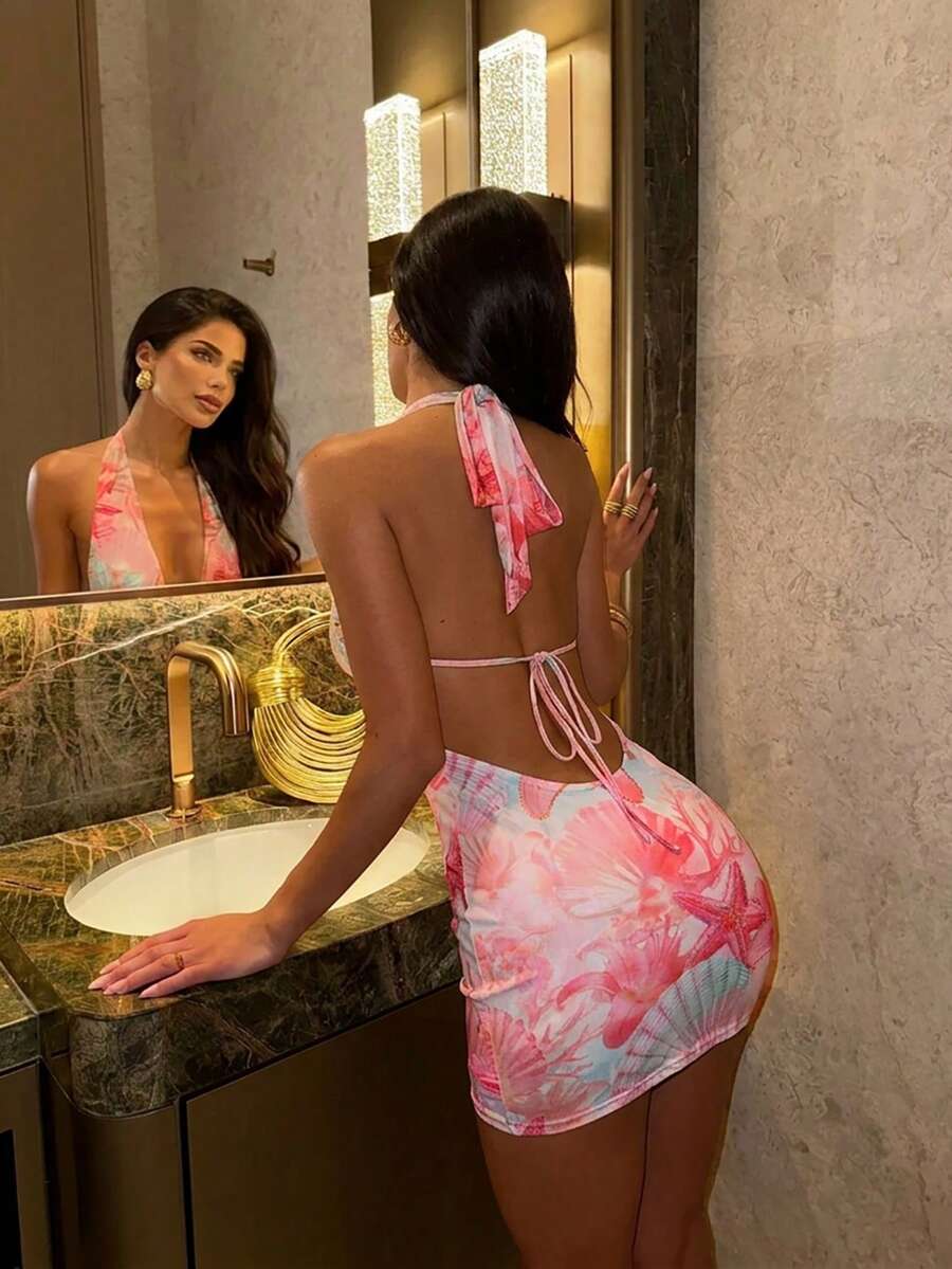 Đầm đi nghỉ mát ven biển mới dành cho nữ, họa tiết sao biển, hoa, vỏ sò, đầm ôm sát ngắn, cổ xếp ly, hở lưng gợi cảm.