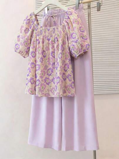 GlowEve CURVE Women's Summer Floral Puff Sleeve Top + Wide Leg Pants 2 Pieces Set, Gentle Countryside Style Outfit Suitable For Park Picnic, Afternoon Tea With Friends, Casual Market Stroll