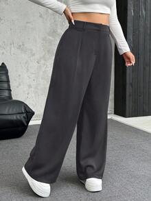 SHEIN EZwear Große Größen Lose Plissee Weite Bein Lässig Hose, Einfarbig Dunkelgrau, Herbst/Winter - Dunkelgrau - Übersicht 7