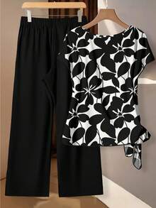 SHEIN Clasi 女士系带蝴蝶结衬衫和直筒裤两件套，女士夏季套装，妈妈套装 - 彩色 - 查看 2