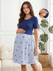 SHEIN 孕妇夏季休闲条纹蝴蝶结印花拼接哺乳连衣裙 - 彩色 - 查看 2