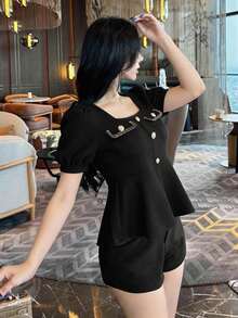 DAZY Blusa elegante de manga larga con cuello cuadrado, bajo con volantes y parches de encaje, top de muñeca otoño/invierno, tops lindos - Negro - Ver 5