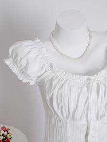 Elamini Tall Women's Summer Solid Color Ruffle Hem Tie Waist Short Sleeve Blouse - White - View 4