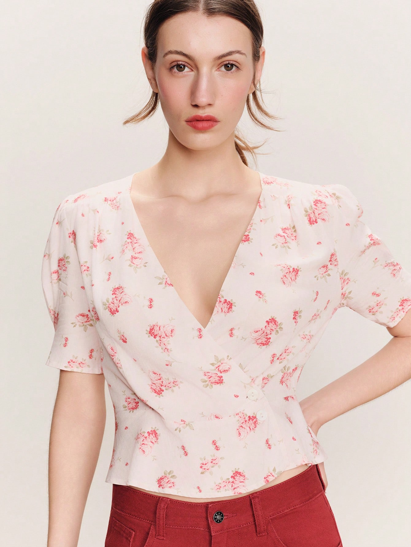 Pink Floral Wrap Blouse With Short Sleeves And Waist Tie Spring Summer French Style Parisian Style Business Casual Office Outfit Pink Flower Top Blouse For Women Summer