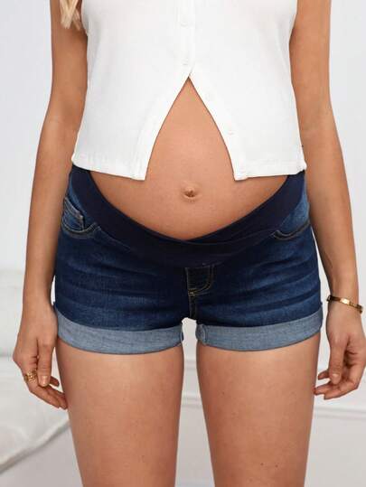 SHEIN Asymmetric Waist Skinny Casual Maternity Denim Shorts
