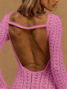 MUSERA 钩针编织修身连体裤，伊比沙岛风格，适合假日、春季、夏季、海滩、波西米亚风、西部白岛风、海滩俱乐部、西部乡村风、冬季日常、纳什维尔冬季时尚毛衣、春夏度假风 - 粉色 - 查看 3