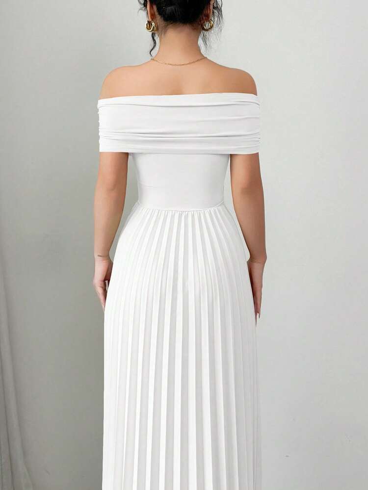Elenzga Women's Solid Color Off Shoulder Pleated Waist Long Party Dress Birthday Dress For Women Modest Outfits For Women Wedding Guest Outfit For Women Gala Dress Long Summer Dress Luxury Evening Dresses For Women Dinner Dress For Women Wrap Dresses For Women Summer Outfit - White - View 2