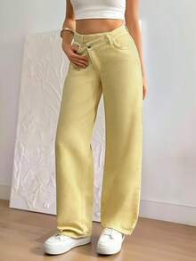SHEIN Low Waist Casual Style Button Detailed Yellow Rinse Wash Regular Fit Straight Jean - Yellow - View 8