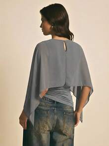 Poéselle Women's Casual Ruched Shawl Blouse For Summer - Grey - View 2