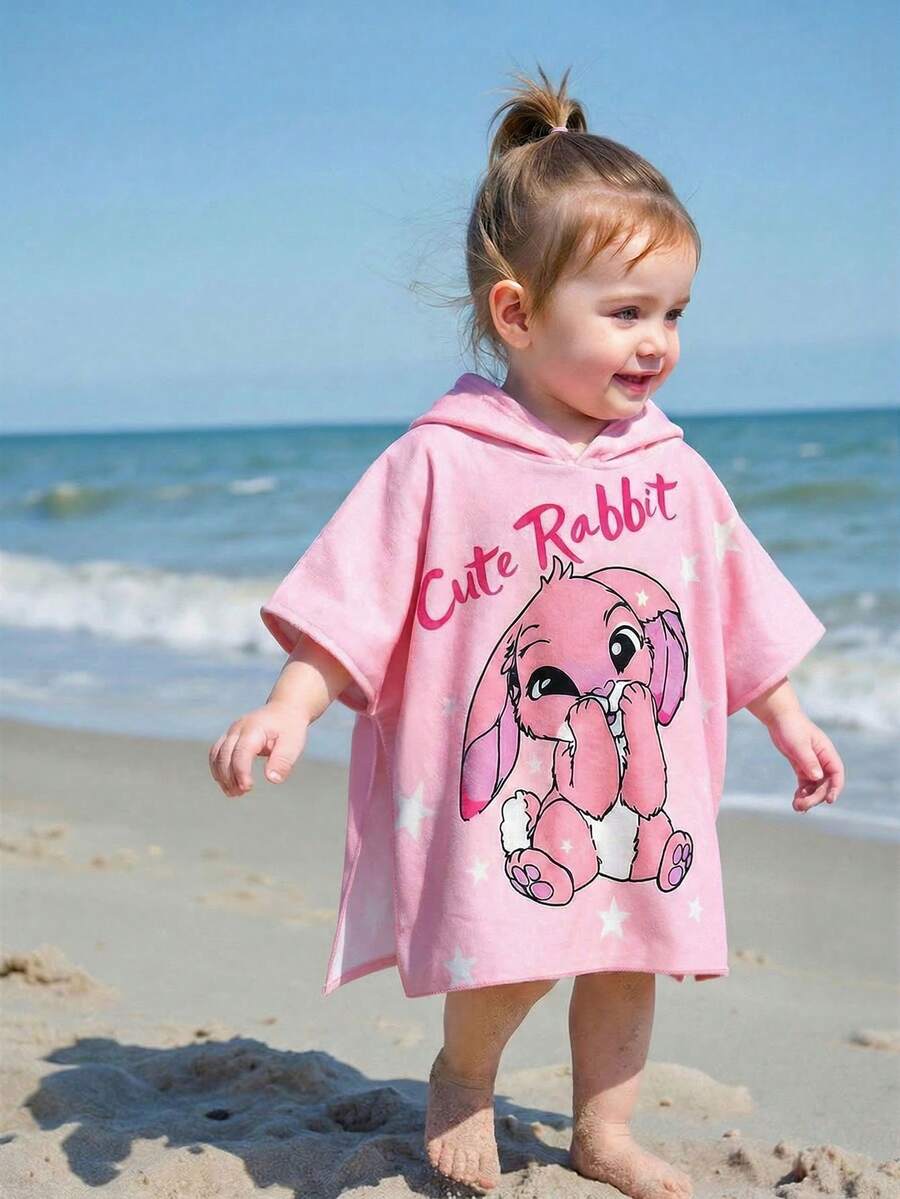 SHEIN Bubblio Babygirl Cute Casual Pink Cartoon Pattern Hooded Loose Swimsuit Cover-Up Toddler Beach Cover Up Pink Beach Cover Up Cute Rabbit Cover Up Toddler Hooded Cover Up - Multicolor - View 1