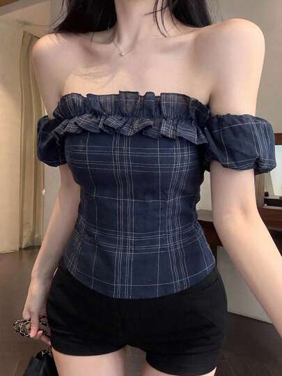 Joudiya 春夏时尚格纹撞色拼接单肩荷叶边下摆休闲度假街头女友日婚礼派对修身优雅荷叶边拼接短袖女式衬衫