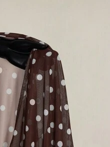 SHEIN ICON 大码女式黑白波点不对称肩部网纱上衣 - 棕色 - 查看 8