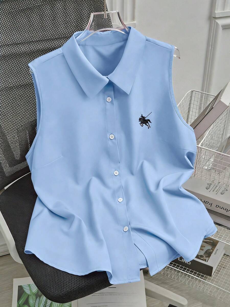 SHEIN LUNE Áo polo cổ bẻ không tay cài cúc phía trước cỡ lớn - Màu xanh lam - Xem 1