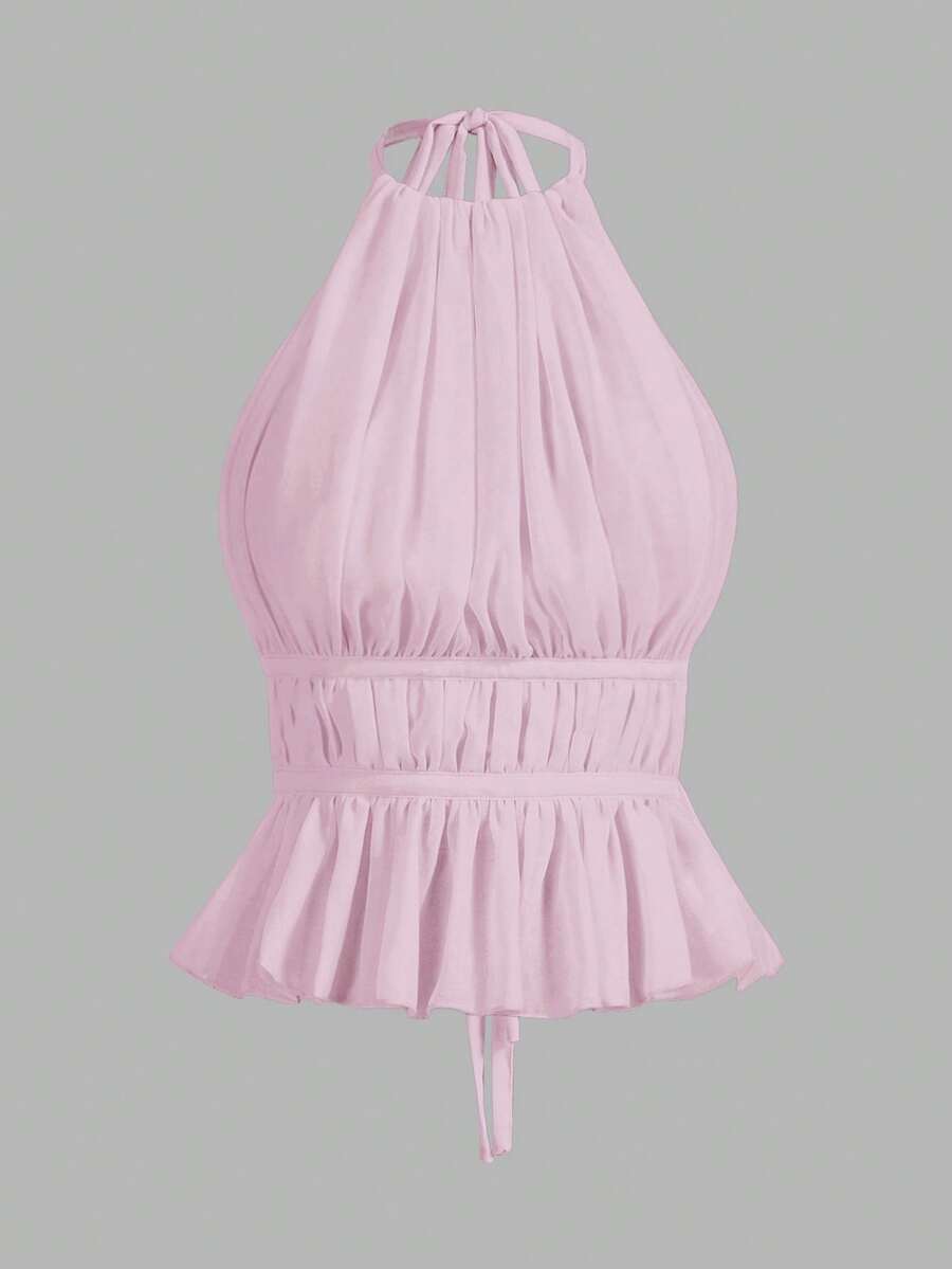 SHEIN PETITE Áo tank top nữ xếp ly, cổ yếm, buộc eo, hở lưng