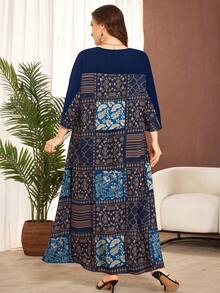 Lacomfia Plus Size Women's Spring/Autumn Floral Print Patchwork Loose 3/4 Sleeve Summer Vacation Modest Navy Blue Long Elegant Formal Dress - Navy Blue - View 2