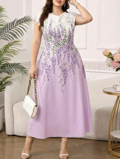 Reflora Đầm dự tiệc cỡ lớn dành cho nữ, cổ khoét sâu, in hoa, thanh lịch, thắt eo.