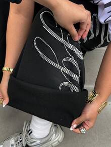 Muchica Plus Size Women Letter Rhinestone Graphic Casual Versatile Daily Wear Wide Leg Pants - Black - View 8