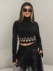 Rayane Ketlyn 2025新款极简秋冬女装修身高领短款长袖上衣，饰以醒目的金属镂空下摆，前卫都市酷炫风格，吸睛单品，修身显瘦，派对吸睛利器，性感女神范儿，前卫设计，引领时尚潮流，黑色上衣 - 黑色 - 查看 4