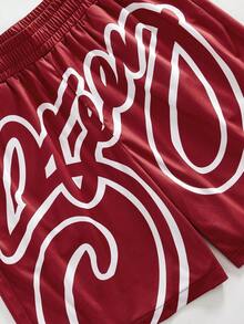 ROMWE MEN Prep Men's Letter Print Patch Elastic Waist Shorts, Suitable For Summer - Burgundy - View 3