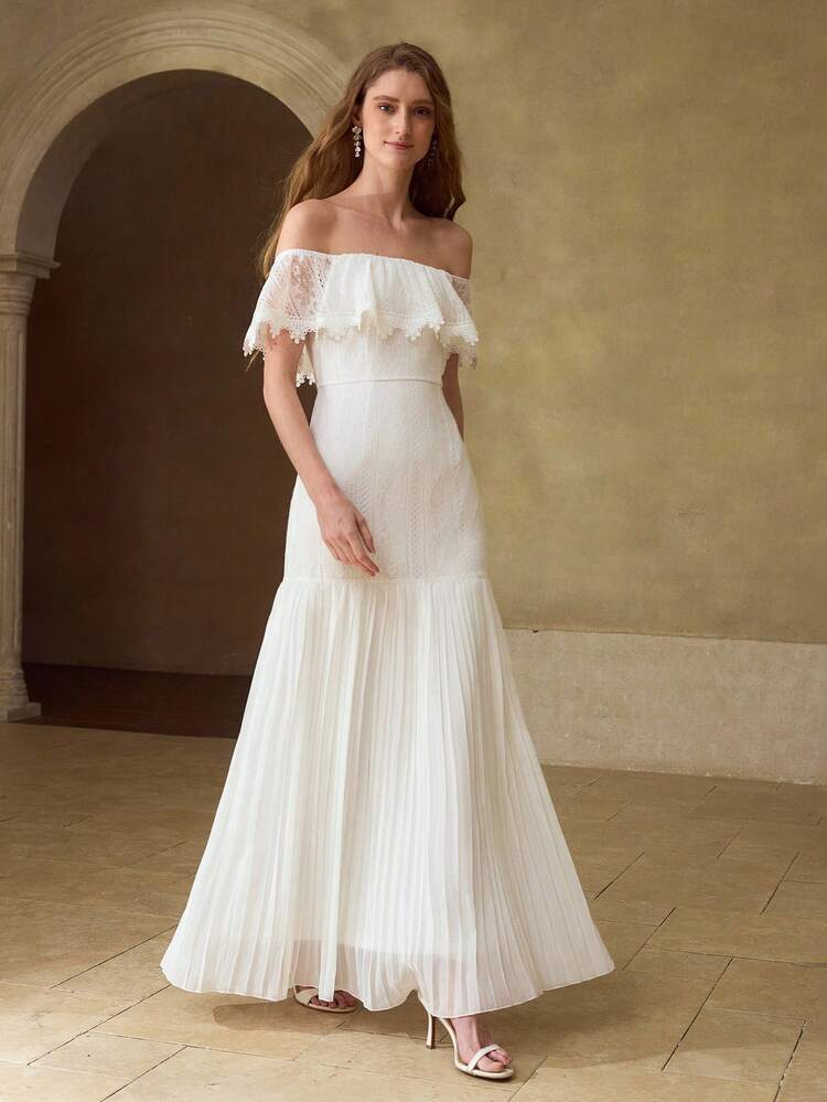 NEW SPRING/SUMMER OFF-THE-SHOULDER DRESS, PEAR-SHAPED FIGURE FLATTERING, ELEGANT SWEET WHITE MAXI DRESS