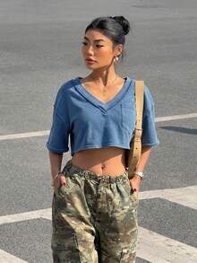 Muchica Áo thun croptop dệt kim màu xanh dương dành cho nữ - Màu xanh lam - Xem 4