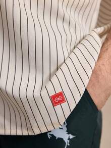 Courvante Men's Striped Short Sleeve Single-Breasted Casual Pocket Cream Button Up Bowling Work Shirt Pinstripe, Woven Fabric Collar White, Daily Commute - White - View 7