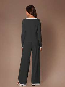 Lazeform Women's Pink Lace Trim Square Neck Knit Long Sleeve Pajama Set - Dark Grey - View 2