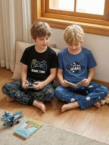 4pcs/Set Toddler Boys' Pajamas With Video Game & Space Planet Print, Short Sleeve Top And Long Pants Homewear Big Boy Clothes Set Boys Lounge Sets Boy Summer Sets - Multicolor - View 1