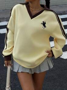 Muchica 女士秋冬季保暖内衬撞色缎带刺绣宽松高领卫衣，适合外出、街头风、Y2K风格 - 黃色 - 查看 5