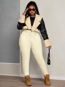 Slaydiva Plus Size Elastic Denim Jeans With Symmetrical Paneling Design - Apricot - View 6