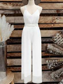 EMERY ROSE Plus Size Elegant French Style Jacquard Floral Trim Waist Straight Leg Jumpsuit, Suitable For Commute, Casual, Vacation, Spring/Summer Elegant Jumpsuits For Woman Wedding Women's Holiday Co Ord Bridal Jumpsuit White Jumpsuit Sleeveless Jumpsuit Womans Jumpsuit - White - View 1
