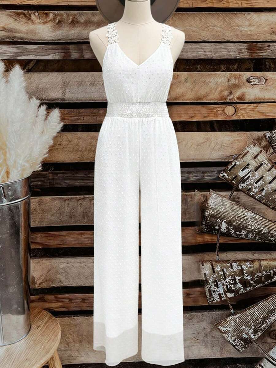 EMERY ROSE Plus Size Elegant French Style Jacquard Floral Trim Waist Straight Leg Jumpsuit, Suitable For Commute, Casual, Vacation, Spring/Summer Elegant Jumpsuits For Woman Wedding Women's Holiday Co Ord Bridal Jumpsuit White Jumpsuit Sleeveless Jumpsuit Womans Jumpsuit - White - View 1