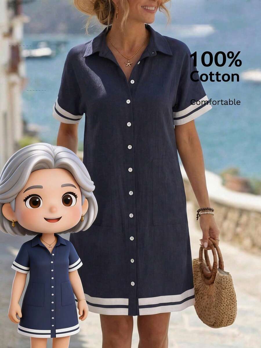 EMERY ROSE Women's Casual Contrast Trim Button Front Mini Dress, Summer - Navy Blue - View 1