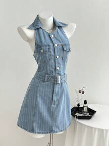 Elamini Áo sơ mi denim kẻ sọc phong cách Y2K thường ngày - Rửa nhẹ - Xem 3